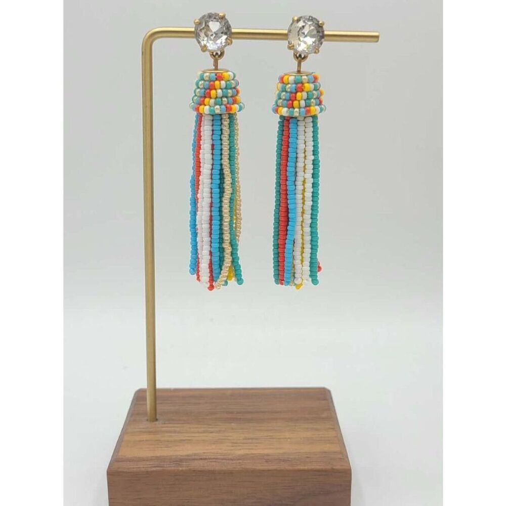 J Crew Multi Color Seed Bead Tassel Earrings with Crystal